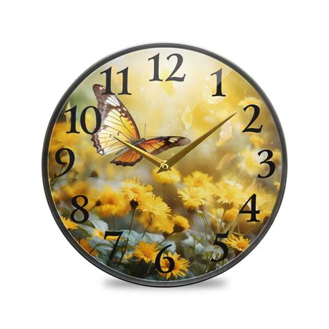 Butterfly And Sunflowers Wall Clocks Battery Operated Inch Round