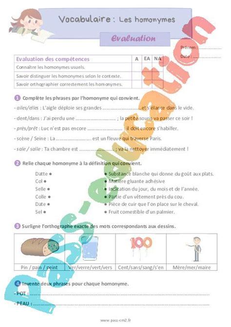 Les homonymes Évaluation de vocabulaire pour le cm2 PDF à imprimer