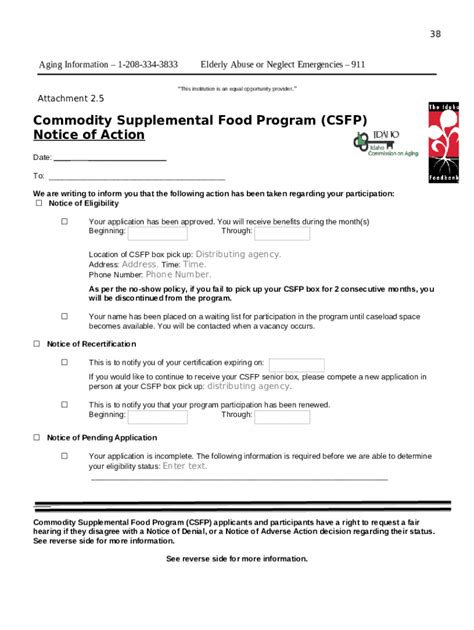 Idaho Commodity Supplemental Food Program CSFP Doc Template PdfFiller