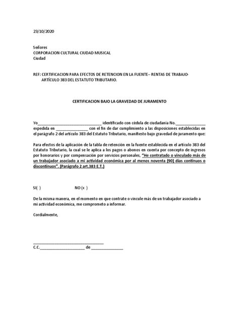 Modelo Certificación Juramentada Art 383 Et Pdf