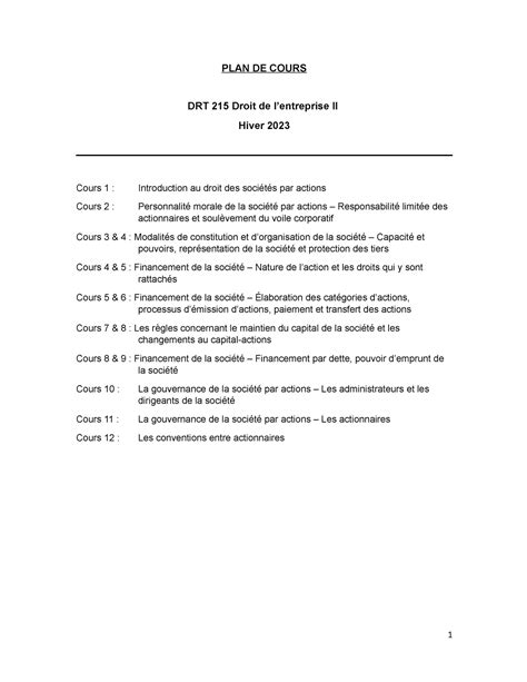 DRT 215 Plan de cours détaillé PLAN DE COURS DRT 215 Droit de l