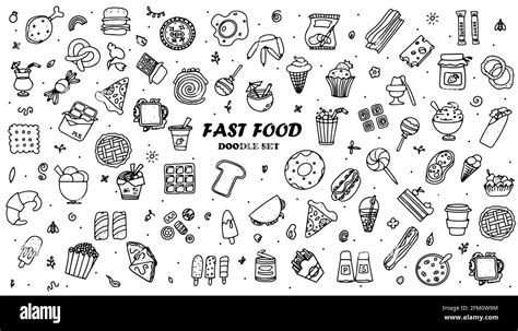 Doodle Food Set Of 50 Various Fast Food Products Hand Drawn Sweets