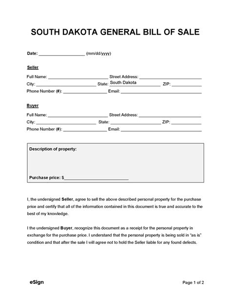 Free South Dakota General Bill Of Sale Form Pdf Word