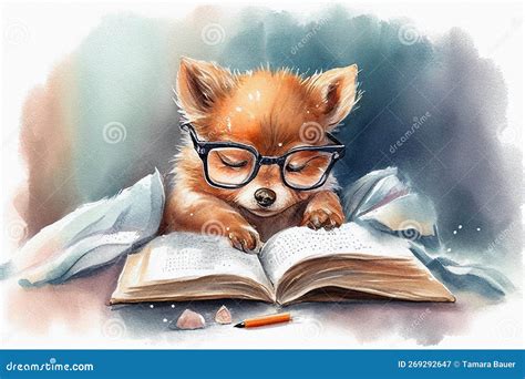 Watercolor Illustration Of Cute Little Fox Wearing Glasses Reading In Bed Stock Image Image Of