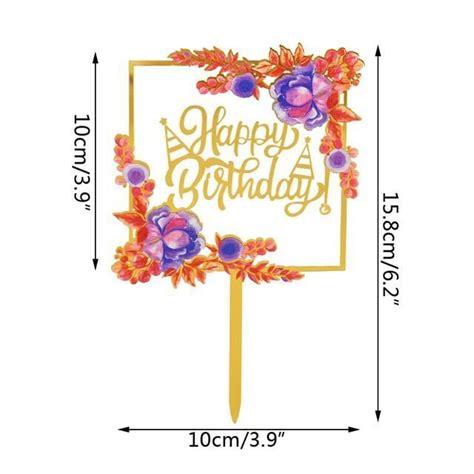 Happy Birthday Cake Topper Gold Acrylic Square With Flowers Cake Inn