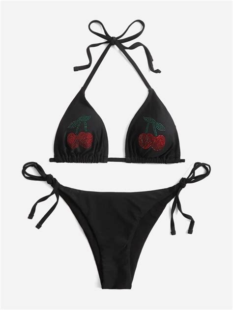 ROMWE X Gabiciamp Cherry Rhinestone Studded Halter Bikini Swimsuit