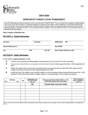 Fillable Online Dependent Verification Worksheet V Fax Email