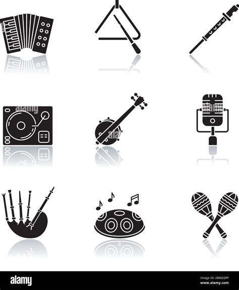 Band Musical Instruments Drop Shadow Black Glyph Icons Set Stock Vector