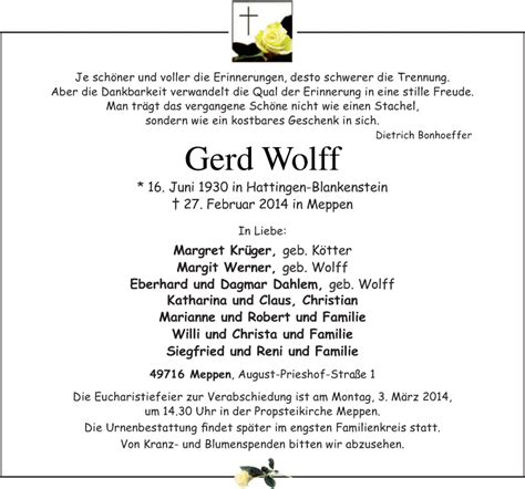 Traueranzeigen Von Gerd Wolff Noz Trauerportal