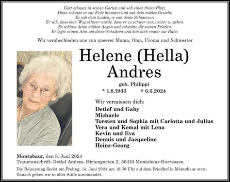 Traueranzeigen Von Helene Andres Rz Trauer De