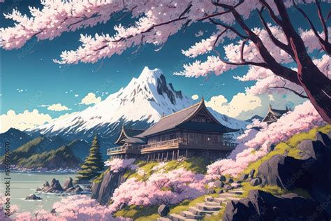 Japanese Snow-capped Mountain with Cherry Blossoms in Anime Style ...