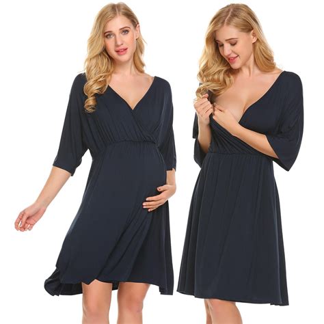 Kissgal Womens Nursing Nightgown V Neck Maternity Pajama Dress Soft