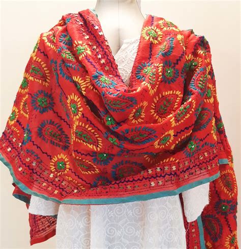 Phulkari Dupatta Red With Kantha Embroidery Chanderi Silk