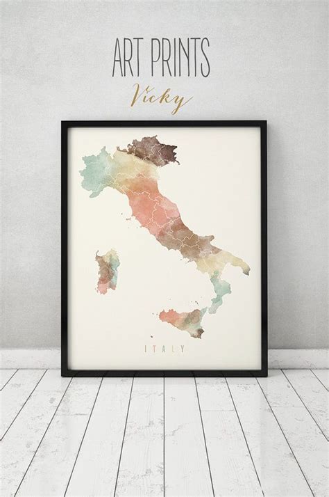 a watercolor map of italy with the words art prints in gold and black frame