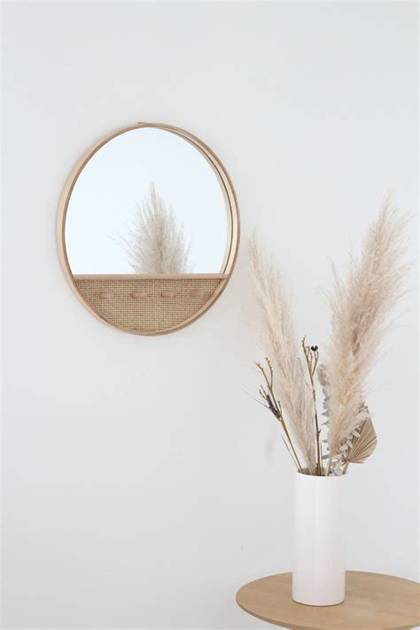 Rattan Cane Mirror With Hooks Round Entryway Mirror Boho Wall Etsy