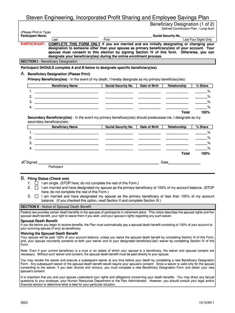 Fillable Online Beneficiary Designation Form Steven Engineering Fax