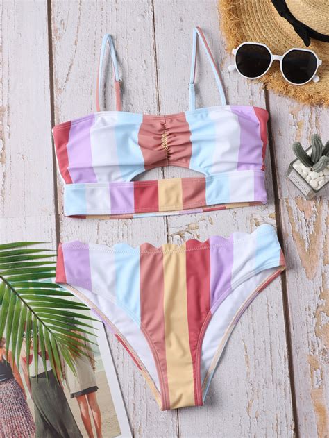 Shein Swim Vcay Colorblock Bikini Set Ruched Cut Out Bikini Top