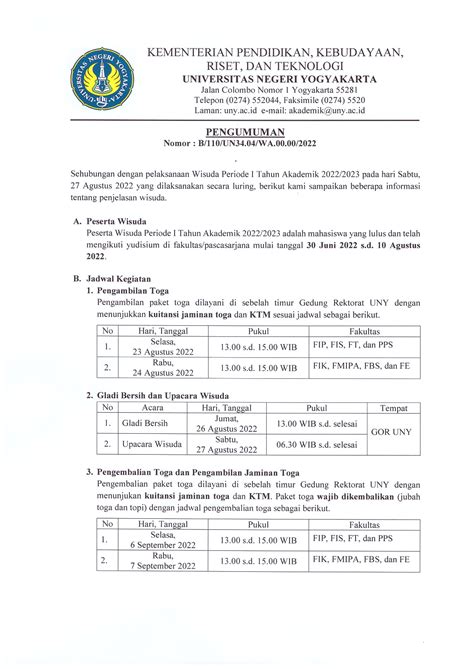 Pemberitahuan Wisuda Periode I Tahun Akademik Universitas