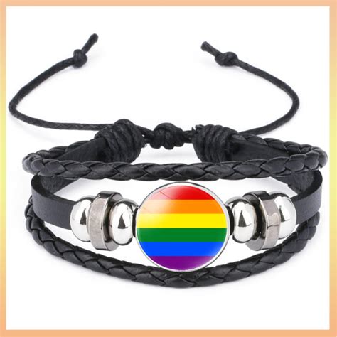 Gay Pride Bracelet Rainbow Flag LGBT Leather Braid Lesbian Bisexual Jewellery Braided Glass