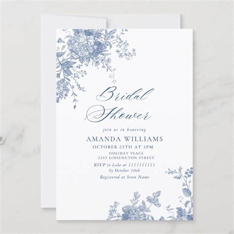 Elegant Blue French Garden Flowers Bridal Shower Invitation Zazzle In