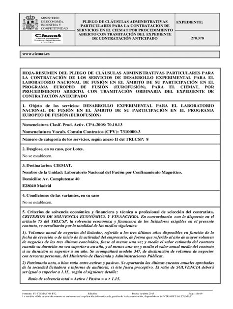 Completable En línea Pliego de Clasulas Administrativas Ciemat Fax