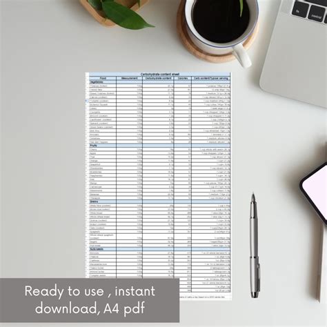 Carbohydrate Food Chart, Carbs Content Sheet Pdf, Carb Counting Food List Printable,digital ...