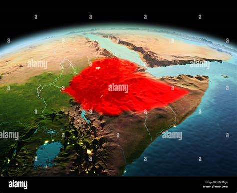 Morning Above Ethiopia Highlighted In Red On Model Of Planet Earth In