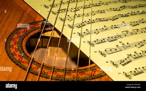 Music Sheet Between Strings And Sound Hole Of A Acoustic Guitar Music