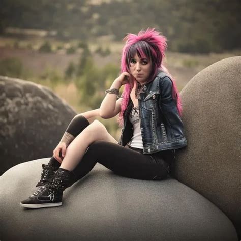 Realistic Photo Of Cute Punk Rock Female Sitting On