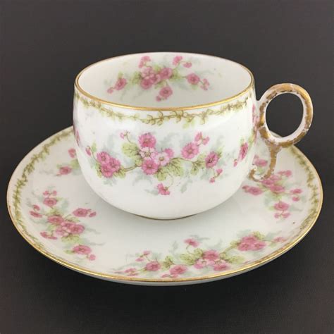 Elite Works Teacup And Saucer Limoges France Pink Flowers Gold Trim