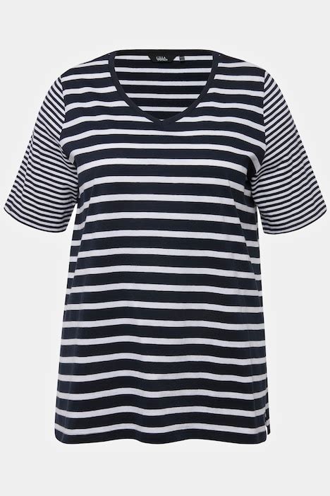 Mixed Size Stripe V Neck Tee Navy Blue Ulla Popken