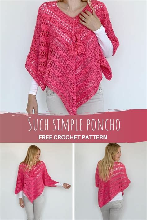 A Woman Wearing A Pink Poncho With The Text Such Simple Poncho Free Crochet Pattern