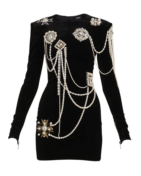 Balmain Badge Embroidered Velvet Mini Dress Neiman Marcus