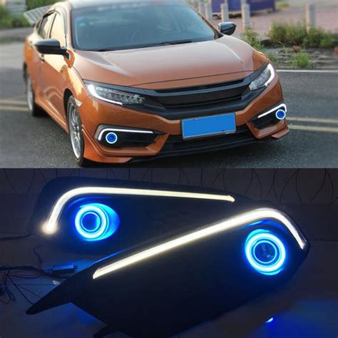 Pair White Led Drl Blue Angel Eyes Fog Lamp Light For Honda Civic Th