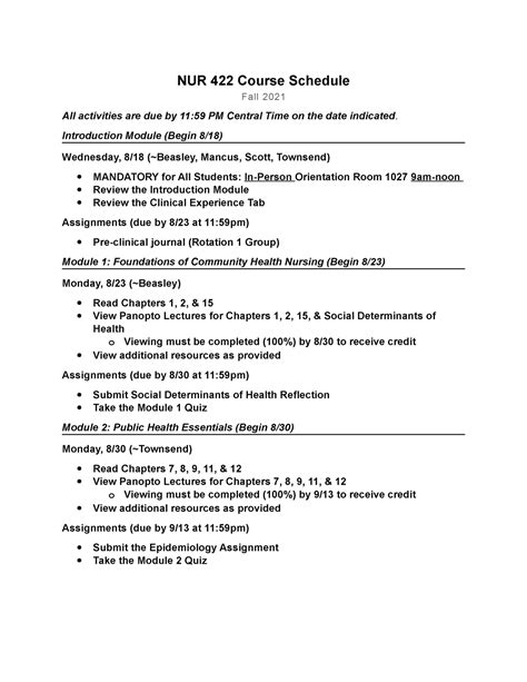 Nur Fall Course Topical Nur Course Schedule Fall