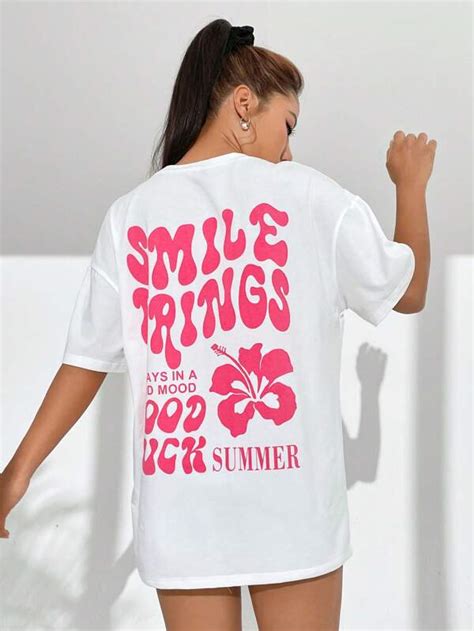 SHEIN Qutie Camiseta de hombros caídos con estampado floral con slogan