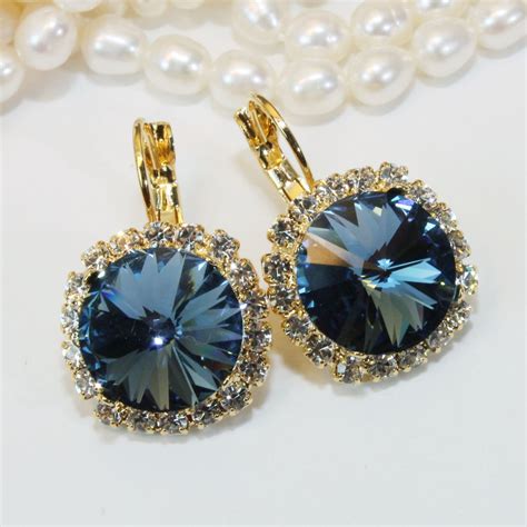 Navy Crystal Earrings Navy Gold Drop Earring Navy European Crystal