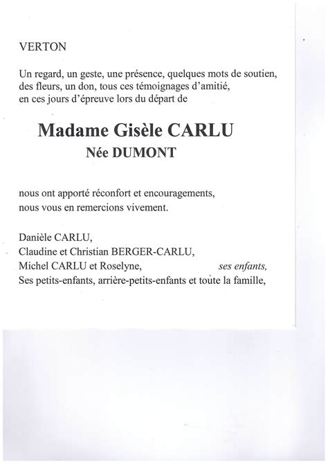 Avis de décès Remerciement Gisèle CARLU née DUMONT