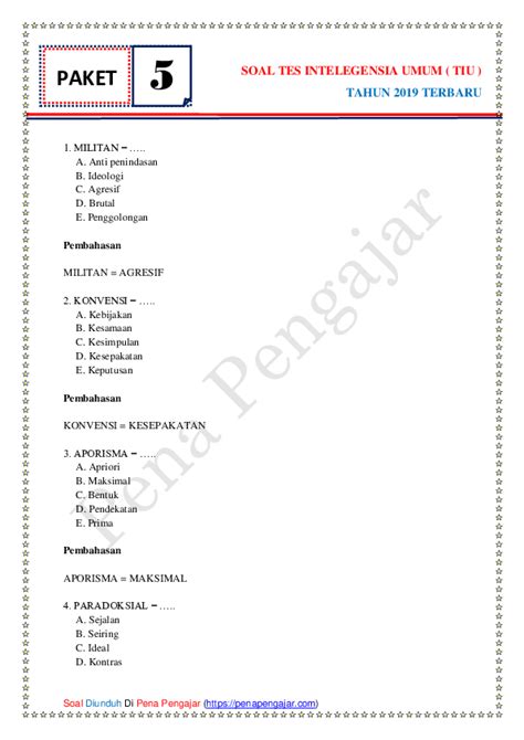 Pdf Soal Tes Intelegensia Umum Tiu Tahun 2019 Persamaan Kata