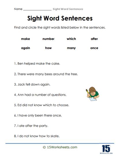 Sight Word Sentences Worksheets 15