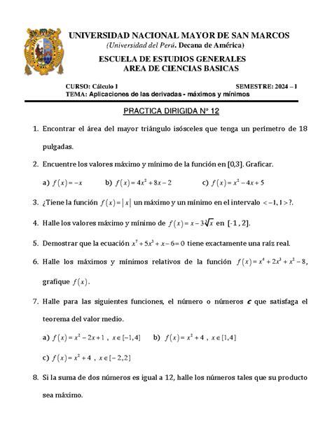 Pd N°12 Calculo I Universidad Nacional Mayor De San Marcos Universidad Del Perú Decana De