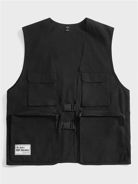 SHEIN Men Flap Pocket Patched Detail Buckled Vest Jacket