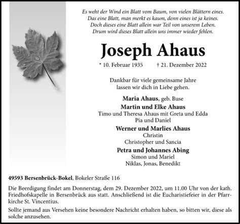 Traueranzeigen Von Joseph Ahaus Noz Trauerportal