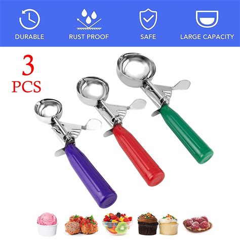 3 Pack Ice Cream Scoop Set Stainless Steel With Trigger Release Cookie