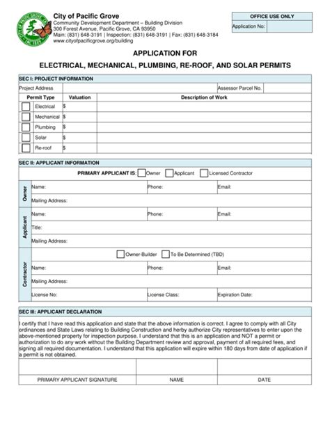 City Of Pacific Grove California Application For Electrical