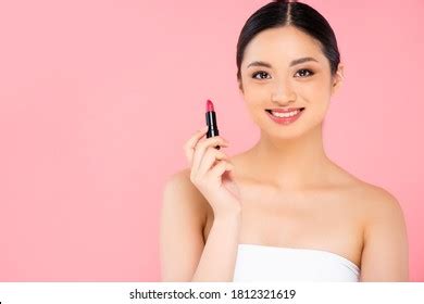 Smiling Naked Beautiful Woman Pink Lips Stock Photo