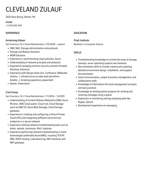 Cloud Administrator Resume Samples Velvet Jobs