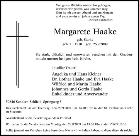 Traueranzeigen Von Margarete Haake Trauer In NRW De