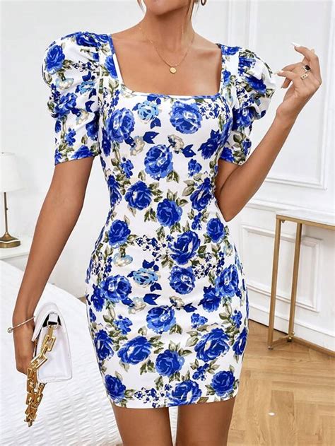 Shein Privé Floral Print Square Neck Puff Sleeve Bodycon Dress Shein Usa