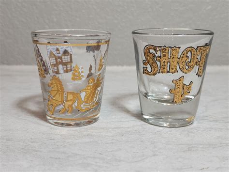 2 Culver Gold Shot Glasses Shot 1 Cent And Winter Scene Shot Glass Ebay